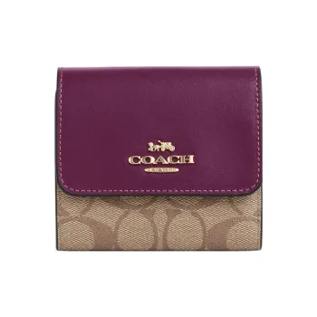 COACH Trifold Wallet Coated Canvas With Smooth Leather Card Holder Wallet Small Size Women's Khaki & Raspberry