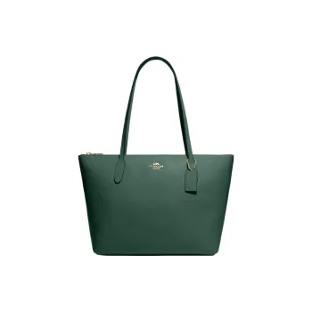 COACH Zip Top Tote Cross-Stitch Leather Tote Bag Shopping Bag Handbags Large Size Women's Black Pine