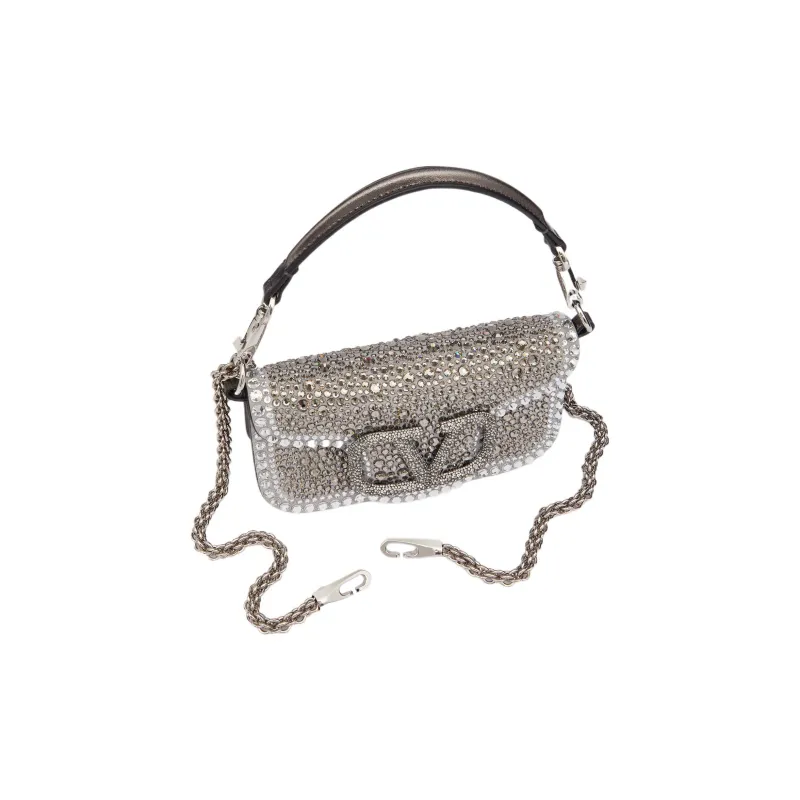 Valentino Locò Faux Crystal Shoulder Bag, Crossbody Bag, Handbag Mini Women's Silver/Crystal-4