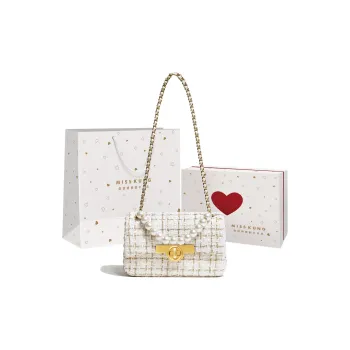 Miss Kung Woolen Small Square Bag Chain Pearl Bag Crossbody Bag Regular Women's White