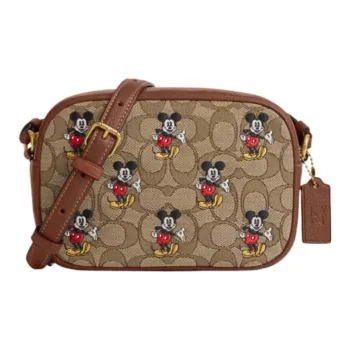 COACH Disnet Jamie Canvas With Smooth Leather Camera Bag Shoulder Bag Crossbody Bag Mini Women's Khaki & Red Wood Color