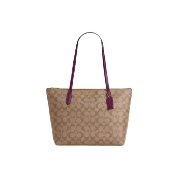 COACH Zip Top Tote Canvas With Leather Tote Bag, Shopping Bag, Handbag, Shoulder Bag Large Size Women's Khaki