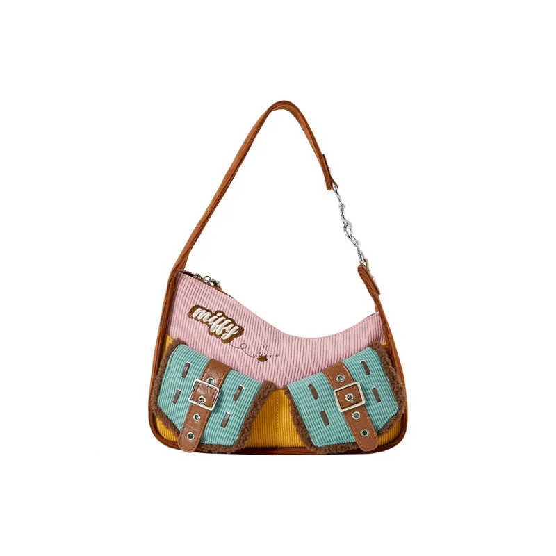 Miffy Corduroy Plush Shoulder Bag Crossbody Bag Medium Size Women's Khaki/Pink Brown-7