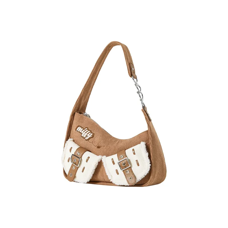 Miffy Corduroy Plush Shoulder Bag Crossbody Bag Medium Size Women's Khaki/Pink Brown-1