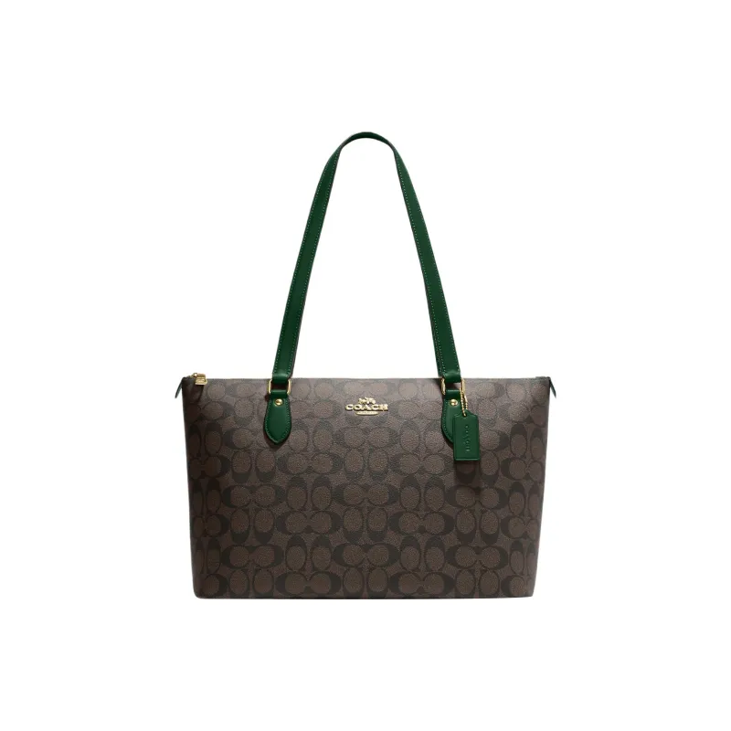COACH Gallery Canvas With Leather Tote Bag, Shopping Bag, Shoulder Bag, Handbag Regular Women's Khaki & Green-0