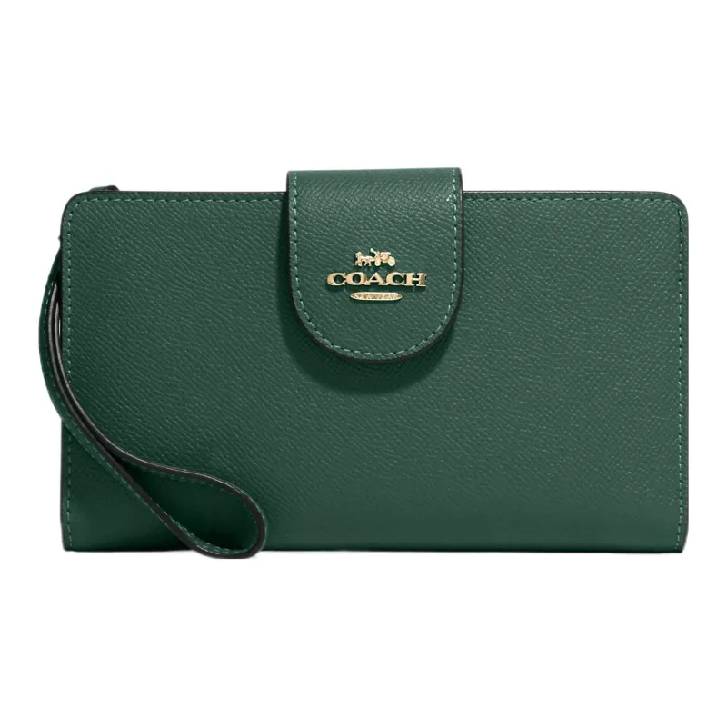COACH Cross Grain Leather Coin Purse Wallet Trumpets Women's Green-0