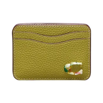 COACH Card Case Leather Coin Purse, Card Holder Mini Women's Grass Green