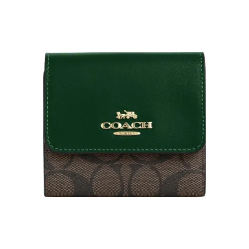 COACH Trifold Wallet Coated Canvas With Smooth Leather Card Holder Wallet Small Size Women's Coffee Stacked Green