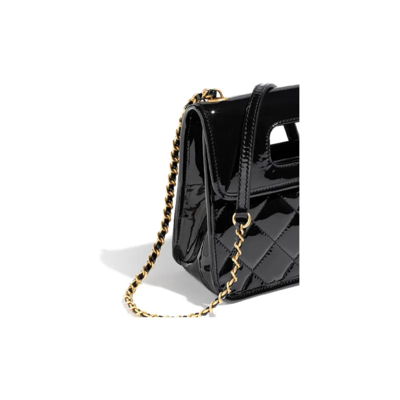 CHANEL Patent Leather Calfskin Portable Crossbody Bag, Shoulder Bag Mini Women's Black-2