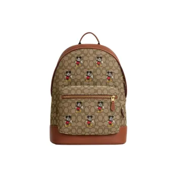 COACH X Disney Collaboration Fabric With Leather Backpack Large Size Unisex Khaki And Brown