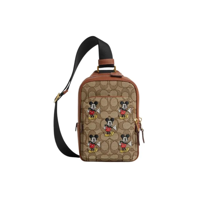 COACH X Disney Collaboration Cow Leather With Textile Shoulder Bag, Crossbody Bag Medium Size Men's Khaki Print-0