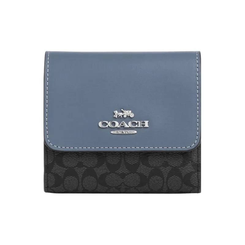 COACH Trifold Wallet Coated Canvas With Leather Coin Purses Wallets Small Size Women's Silver/Graphite/Light Mist-0