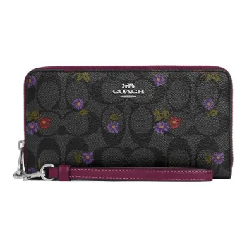 COACH Zip Around Canvas With Leather Wrist Wallets Clutches Small Size Women's Graphite Deep Raspberry