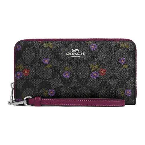 COACH Zip Around Canvas With Leather Wrist Wallets Clutches Small Size Women's Graphite Deep Raspberry