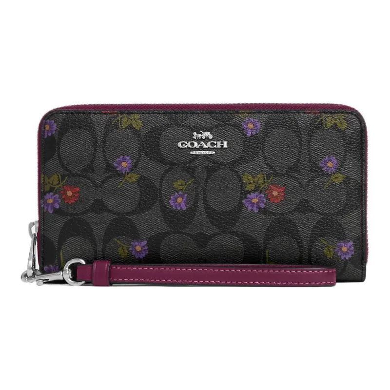 COACH Zip Around Canvas With Leather Wrist Wallets Clutches Small Size Women's Graphite Deep Raspberry-0