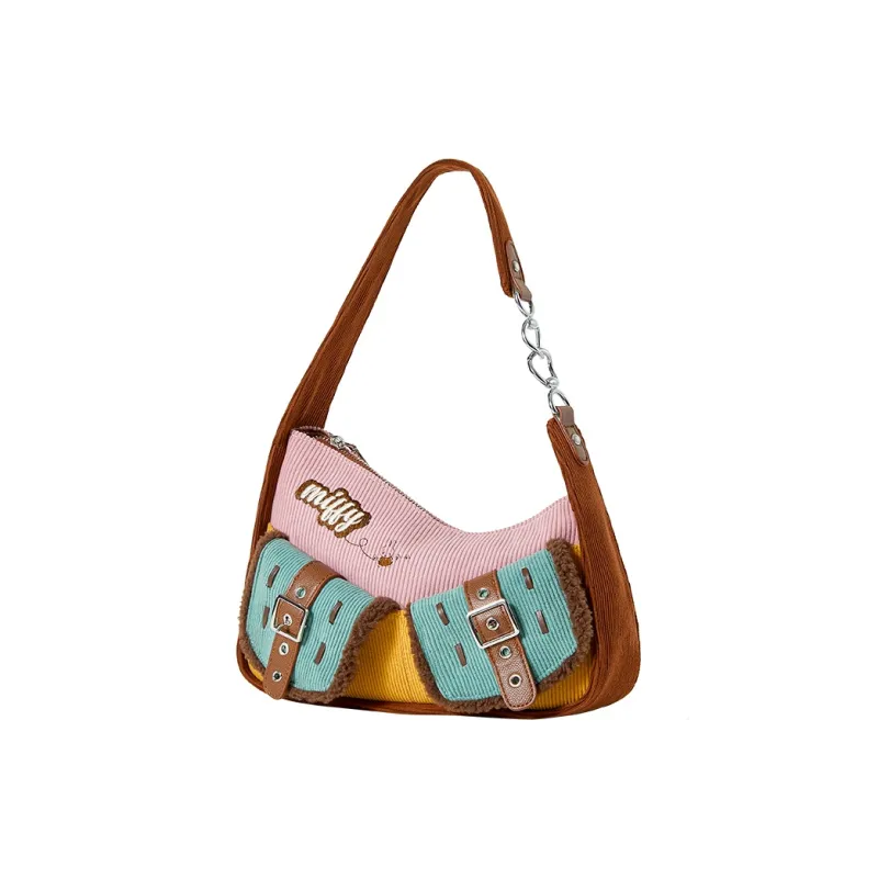 Miffy Corduroy Plush Shoulder Bag Crossbody Bag Medium Size Women's Khaki/Pink Brown-8