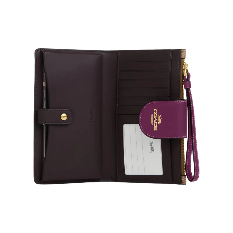 COACH Tech Wallet Canvas With Leather Wrist Bags Clutches Wallets Small Size Women's Khaki & Raspberry-1