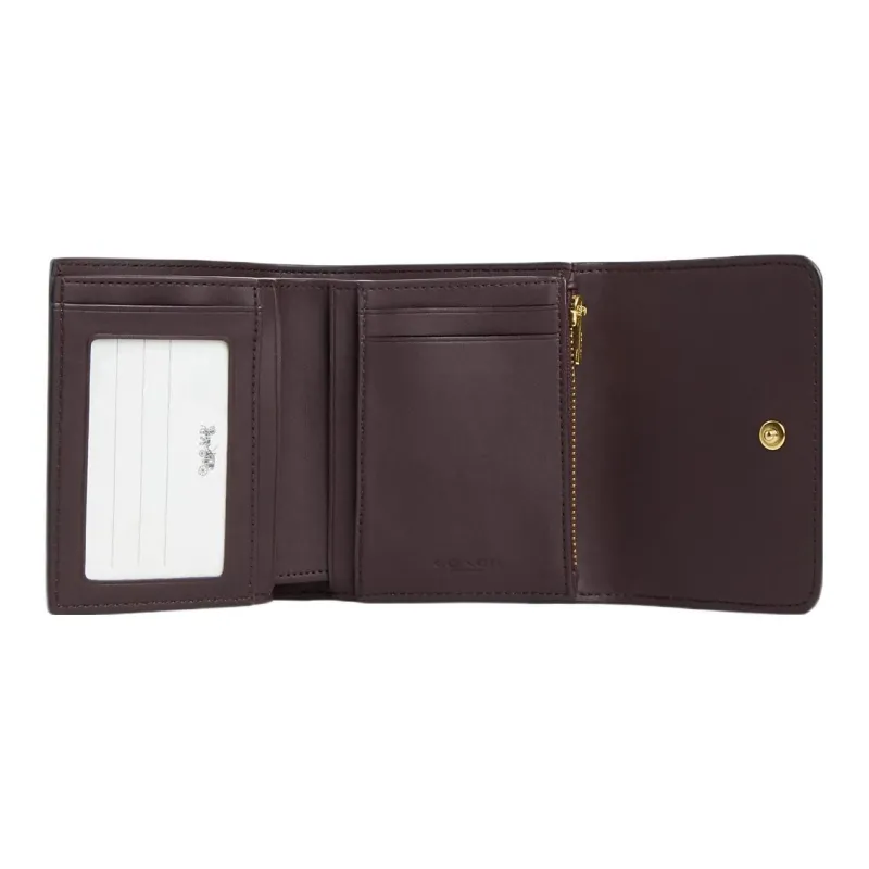 COACH Trifold Wallet Coated Canvas With Smooth Leather Card Holder Wallet Small Size Women's Coffee Stacked Green-3