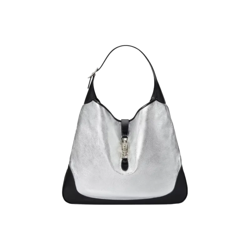 GUCCI Jackie 1961 Leather Crescent Shoulder Bag Large Size Women's Silver/Black-0