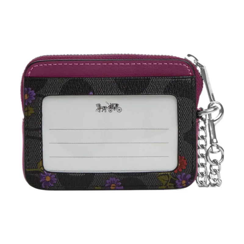 COACH Zip Top Card Case Canvas With Leather Wallets Card Holders Women's Graphite Deep Raspberry-1