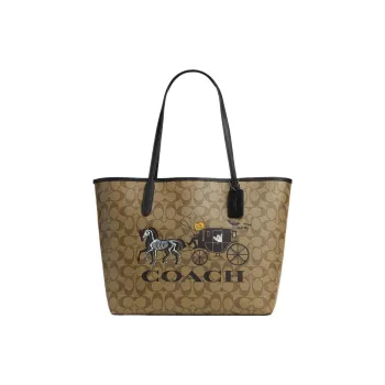 COACH City Canvas With Leather Tote Bag, Shopping Bag, Handbag Large Size Women's Black Copper/Khaki Black Multicolor