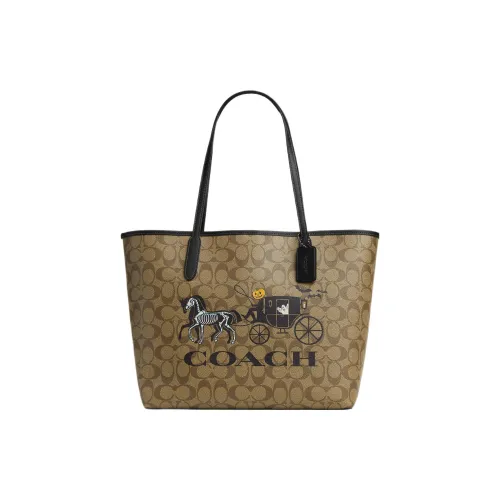 COACH City Canvas With Leather Tote Bag, Shopping Bag, Handbag Large Size Women's Black Copper/Khaki Black Multicolor