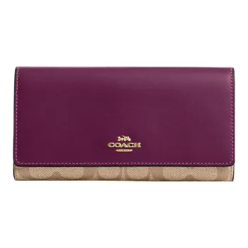 COACH Trifold Wallet Canvas With Leather Coin Purse Wallet Small Size Women's Khaki & Berry
