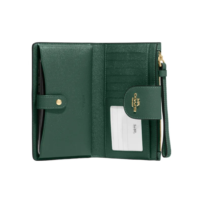 COACH Cross Grain Leather Coin Purse Wallet Trumpets Women's Green-1