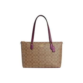 COACH Gallery Canvas With Leather Tote Bag Shopping Bag Shoulder Bag Handbag Women's Khaki & Raspberry
