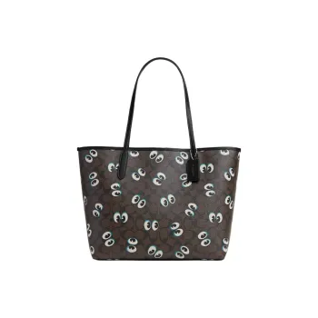 COACH City Canvas With Leather Tote Bag Shopping Bag Handbags Large Size Women's Silver/Brown Black Multicolor