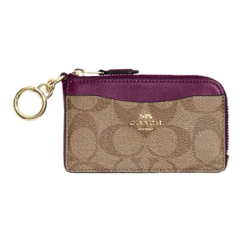COACH Card Case Canvas With Leather Wallets Card Holders Women's Khaki & Raspberry