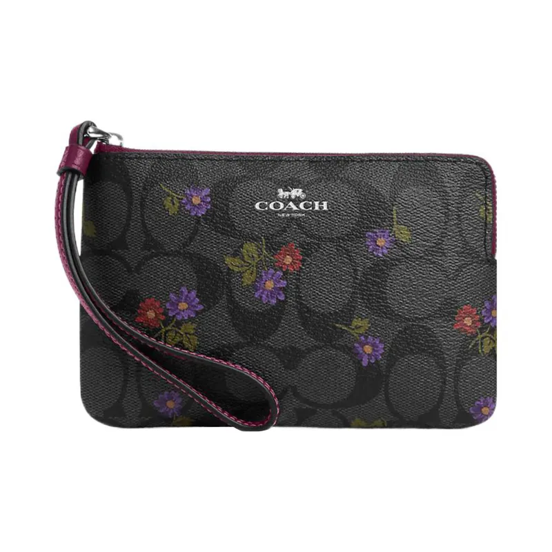 COACH Corner Zip Canvas With Leather Wallet Wrist Bag Clutch Small Size Women's Graphite/Dark Raspberry-0