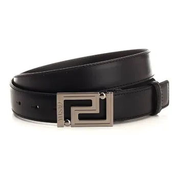 VERSACE Letter Carving Smooth Buckle Leather Belts Men's Black