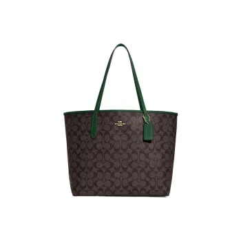COACH City Canvas With Leather Tote Bag Shopping Bag Shoulder Bag Handbag Large Size Women's Brown/Deep Pine Wood