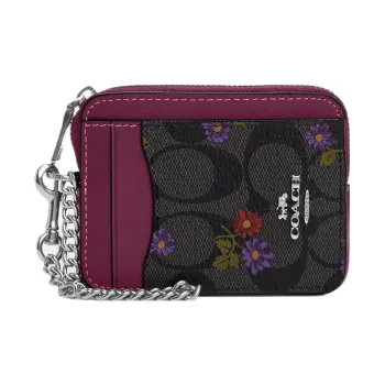 COACH Zip Top Card Case Canvas With Leather Wallets Card Holders Women's Graphite Deep Raspberry