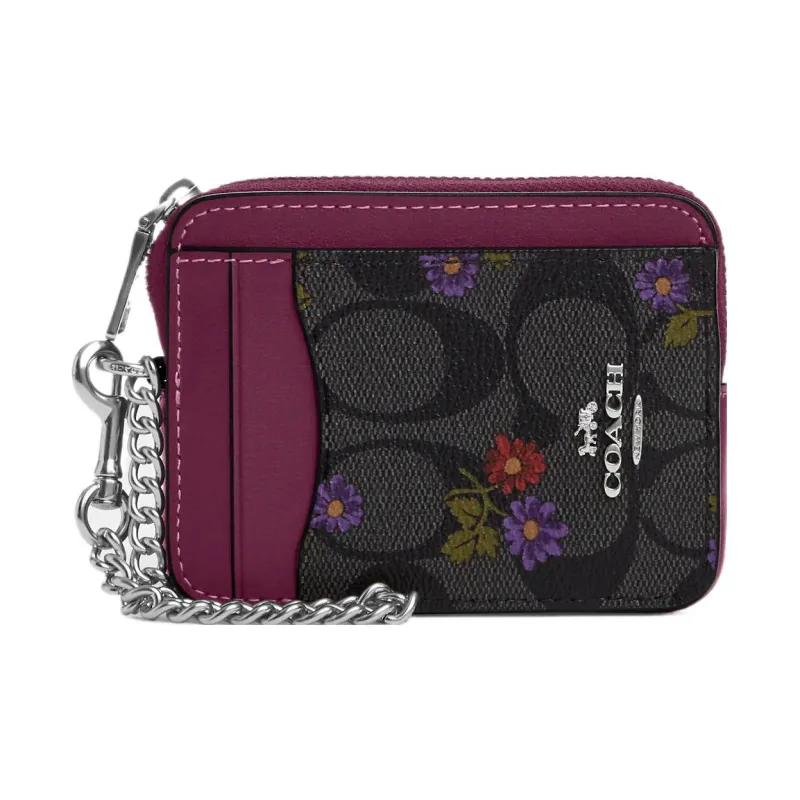 COACH Zip Top Card Case Canvas With Leather Wallets Card Holders Women's Graphite Deep Raspberry-0