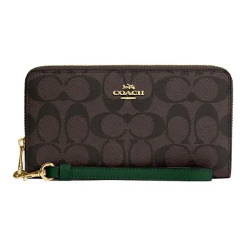 COACH Zip Around Canvas With Leather Wallet Small Size Women's Deep Pine Wood Color
