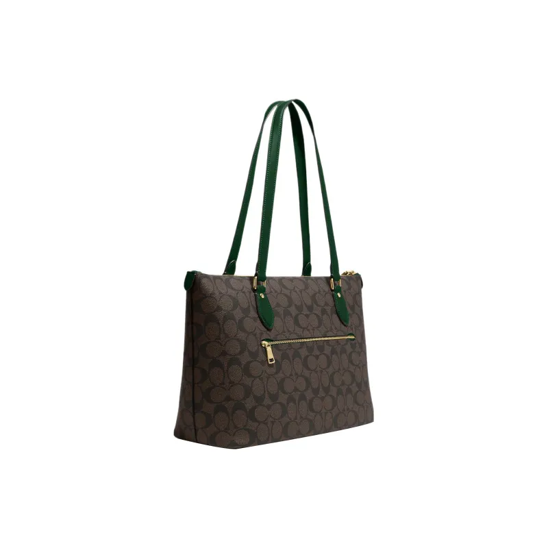 COACH Gallery Canvas With Leather Tote Bag, Shopping Bag, Shoulder Bag, Handbag Regular Women's Khaki & Green-1