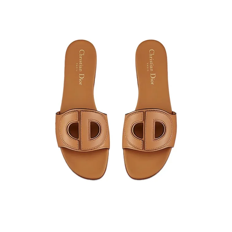 DIOR D Club Genuine Leather Sole Abrasion Resistant Slide Slippers Women's Camel-4