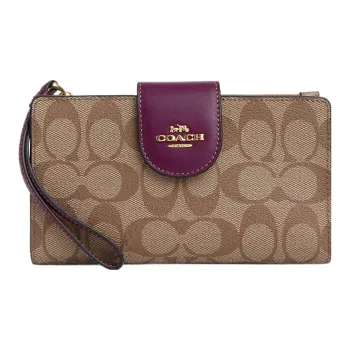 COACH Tech Wallet Canvas With Leather Wrist Bags Clutches Wallets Small Size Women's Khaki & Raspberry
