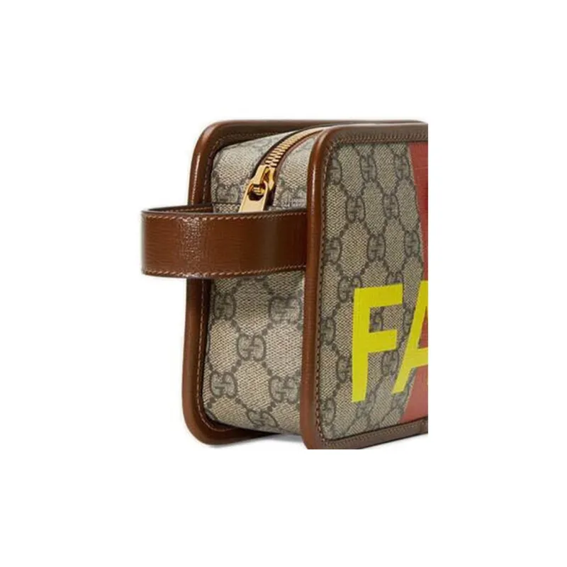 GUCCI Leather Badge Makeup Bag, Toiletry Bag, Clutch Unisex Ebony/Brown-3