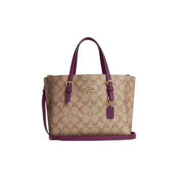 COACH Mollie Coated Canvas With Leather Tote Bag, Shopping Bag, Handbag Regular Women's Khaki/Boysenberry