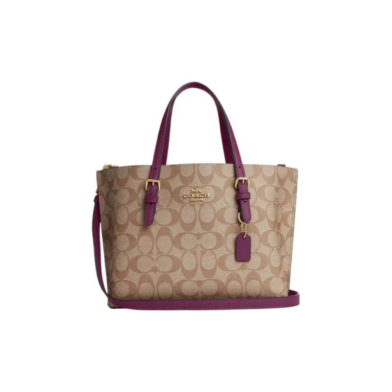 COACH Mollie Coated Canvas With Leather Tote Bag, Shopping Bag, Handbag Regular Women's Khaki/Boysenberry-0