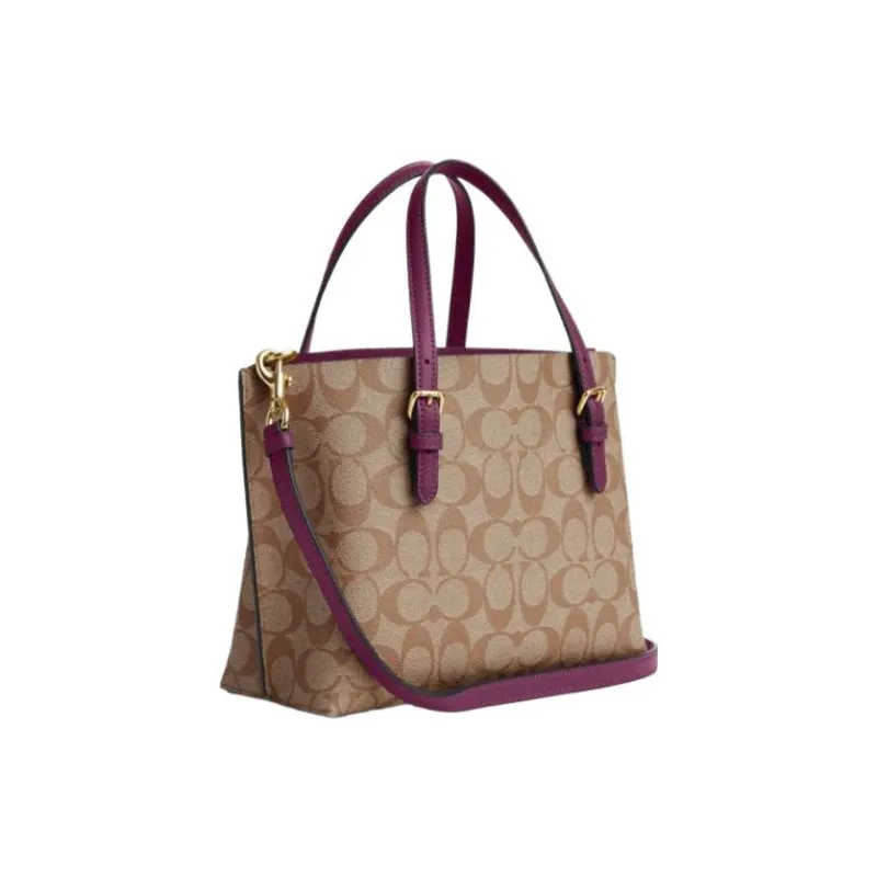 COACH Mollie Coated Canvas With Leather Tote Bag, Shopping Bag, Handbag Regular Women's Khaki/Boysenberry-1