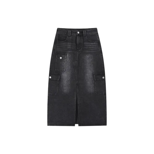 ELF SACK Denim Long Skirts Women's Workwear Black Gray