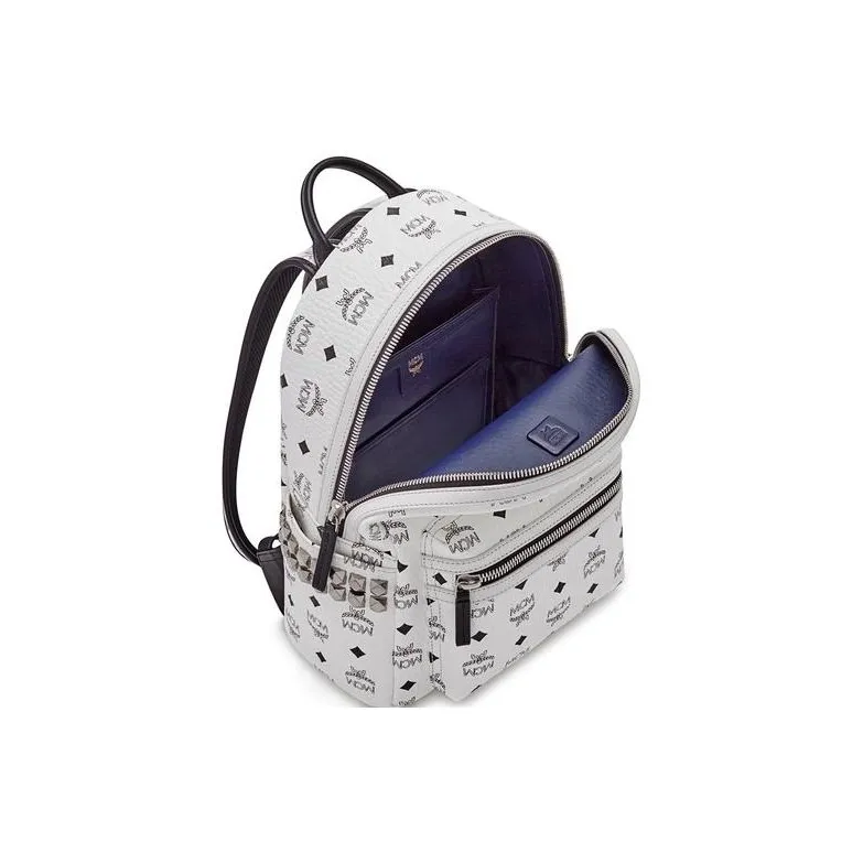 MCM Stark Visetos Coated Canvas Backpack Trumpets Women's White Black White-4