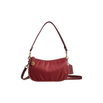 COACH Swinger Nylon With Leather Shoulder Bag, Portable Crossbody Bag Medium Size Women's Burgundy