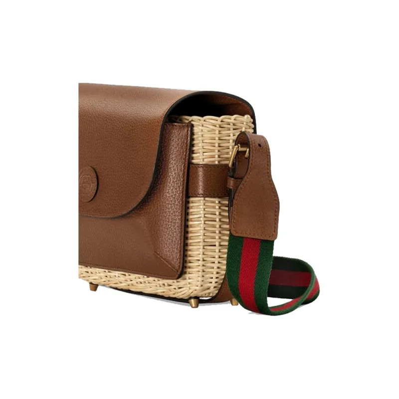 GUCCI Wicker Patchwork Leather Messenger Bag Shoulder Bag Crossbody Bag Small Size Unisex Brown & Beige-7