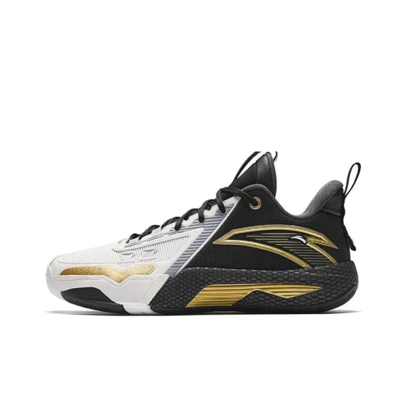 Anta Quick Battle 5 Cushioning Wear-Resistant Mid-Top Basketball Shoes Men's Black White-0
