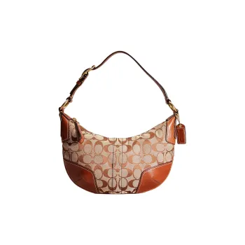 COACH Hamptons Jacquard HOBO Bag Shoulder Handbag Small Size Women's Khaki And Brown